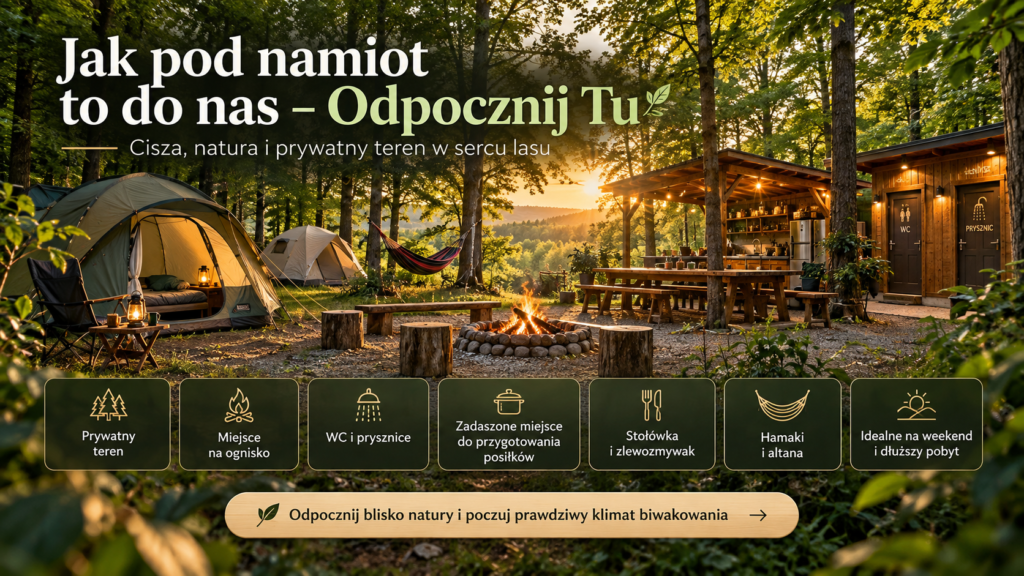 leśny glamping o zachodzie słońca